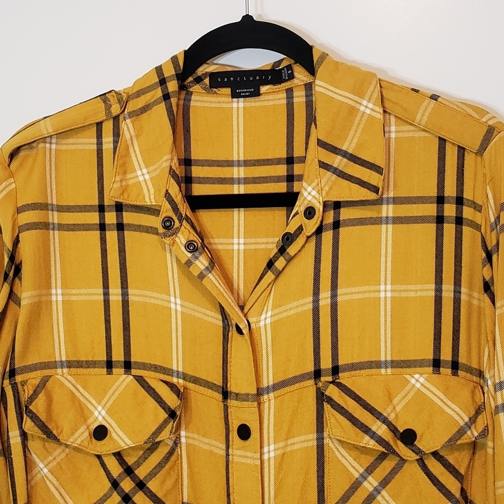 Sanctuary Plaid Boyfriend Light Flannel Snap Down Mustard Black White Si… - Picture 3 of 14